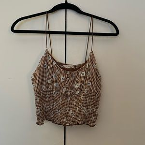 •LA Hearts brown, white, and light blue floral cropped tank top